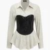 Faux Leather Patchwork Long-Sleeve Shirt>MICAS Online