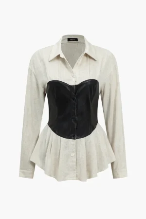 Faux Leather Patchwork Long-Sleeve Shirt>MICAS Online