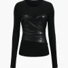 Faux Leather Patchwork Long-Sleeve Top>MICAS Best
