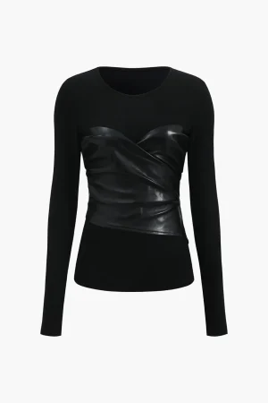 Faux Leather Patchwork Long-Sleeve Top>MICAS Best