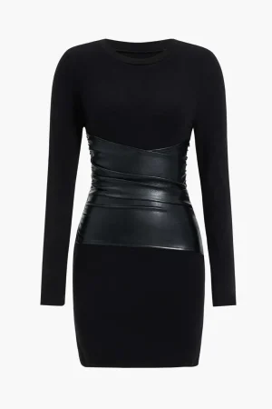 Faux Leather Patchwork Long Sleeve Mini Dress>MICAS Hot