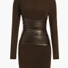 Faux Leather Patchwork Long Sleeve Mini Dress>MICAS Hot
