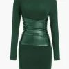 Faux Leather Patchwork Long Sleeve Mini Dress>MICAS Hot