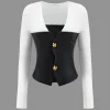 Faux Leather Patchwork Metallic Button Long-Sleeve Top>MICAS Hot