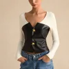 Faux Leather Patchwork Metallic Button Long-Sleeve Top>MICAS Hot