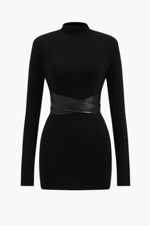 Faux Leather Patchwork Mock Neck Mini Dress>MICAS Clearance