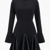 Faux Leather Patchwork Round Neck Long Sleeve Puff Mini Dress>MICAS Outlet
