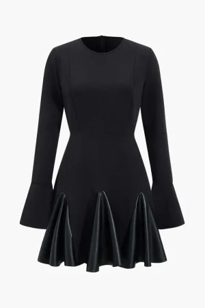 Faux Leather Patchwork Round Neck Long Sleeve Puff Mini Dress>MICAS Outlet