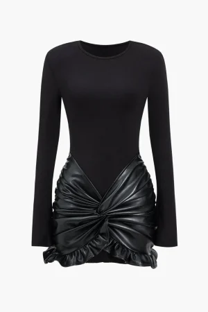 Faux Leather Patchwork Ruffle Ruched Long Sleeve Mini Dress>MICAS New