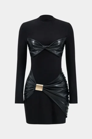 Faux Leather Patchwork Ruched Long Sleeve Mini Dress>MICAS Discount