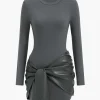 Faux Leather Patchwork Tie Front Round Neck Ruched Mini Dress>MICAS New