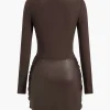 Faux Leather Patchwork Tie Front Round Neck Ruched Mini Dress>MICAS New