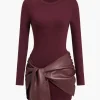 Faux Leather Patchwork Tie Front Round Neck Ruched Mini Dress>MICAS New