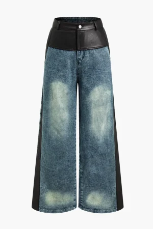 Faux Leather Patchwork Wide Leg Jeans>MICAS Hot