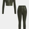 Faux Leather Patchwork Zipper Long Sleeve Top And Trousers Set>MICAS Best