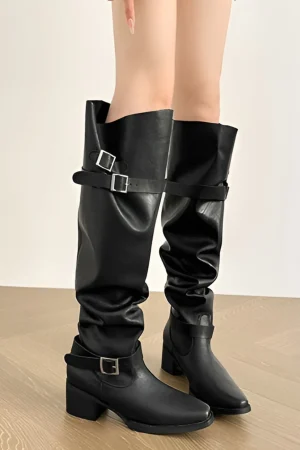 Faux Leather Peep Toe Over The Knee Boots>MICAS Hot