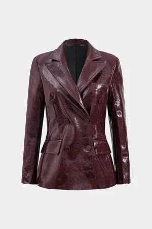Faux Leather Pocket Button Notched Lapel Blazer>MICAS Online