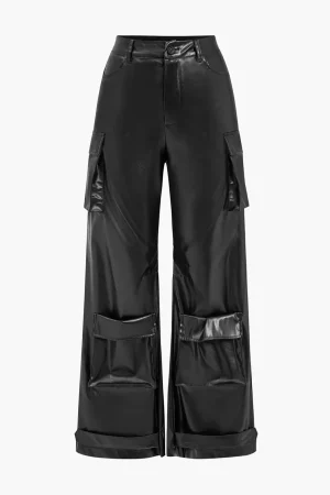 Faux Leather Pocket Wide Leg Trousers>MICAS Fashion