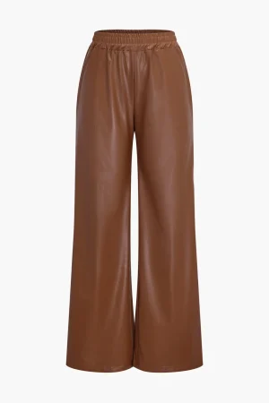 Faux Leather Pocket Wide Leg Trousers>MICAS Fashion