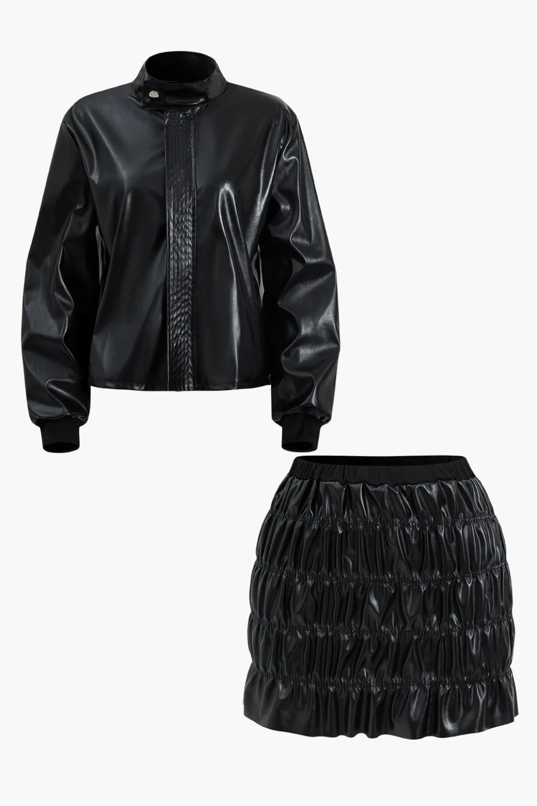 Faux Leather Ruched Detail Skirt Set>MICAS New