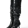 Faux Leather Ruched Pointed Toe Knee High Boots>MICAS New