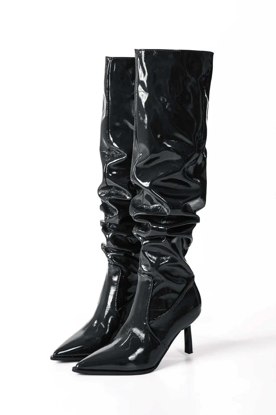 Faux Leather Ruched Pointed Toe Knee High Boots>MICAS New