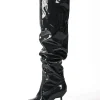 Faux Leather Ruched Pointed Toe Knee High Boots>MICAS New