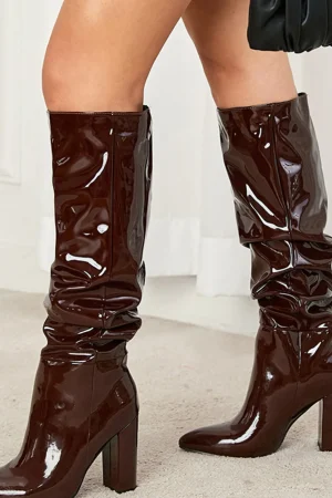 Faux Leather Ruched Pointed Toe Mid Calf Boots>MICAS New