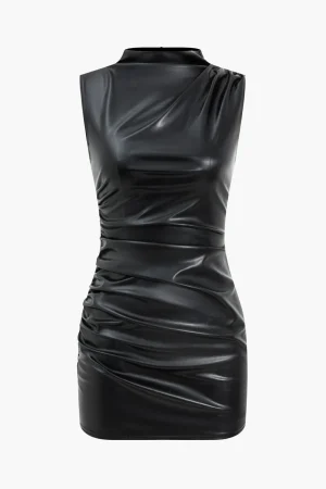 Faux Leather Ruched Sleeveless Asymmetrical Mini Dress>MICAS Discount