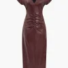 Faux Leather Ruched V-Neck Midi Dress>MICAS Outlet