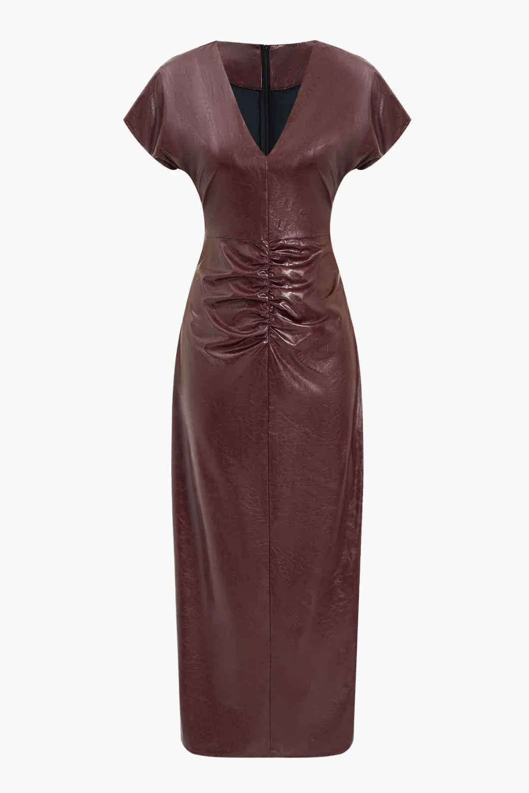 Faux Leather Ruched V-Neck Midi Dress>MICAS Outlet