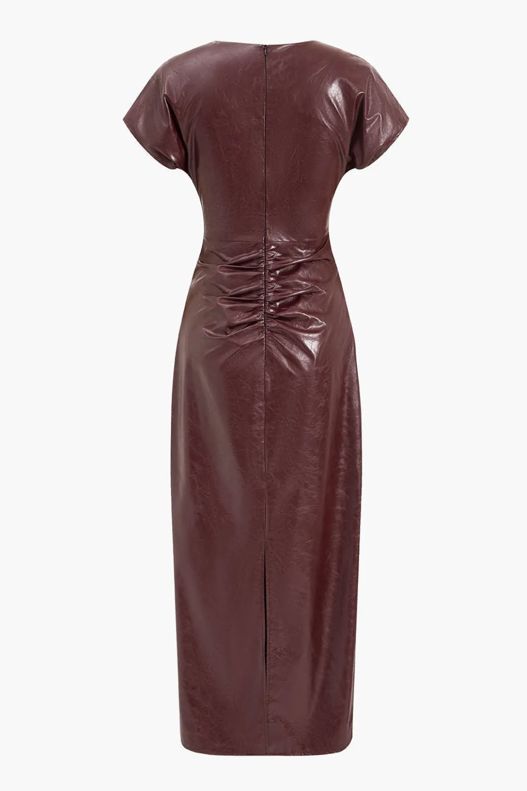 Faux Leather Ruched V-Neck Midi Dress>MICAS Outlet