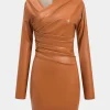 Faux Leather Ruched V-Neck Long Sleeve Mini Dress>MICAS Sale
