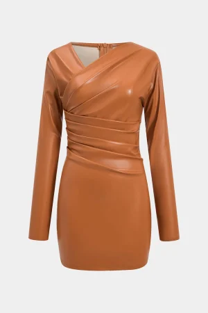 Faux Leather Ruched V-Neck Long Sleeve Mini Dress>MICAS Sale