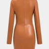 Faux Leather Ruched V-Neck Long Sleeve Mini Dress>MICAS Sale