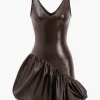 Faux Leather Ruched V-Neck Asymmetrical Mini Dress>MICAS Outlet