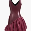 Faux Leather Ruched V-Neck Asymmetrical Mini Dress>MICAS Outlet