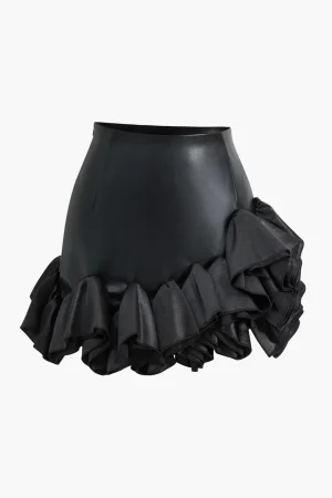 Faux Leather Ruffle Mini Skirt>MICAS Online