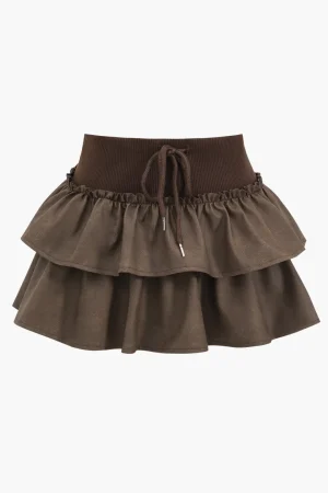 Faux Leather Ruffle Tie-Up Patchwork Skirt>MICAS Hot