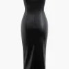 Faux Leather Strapless Drawstring Split Midi Dress>MICAS Sale