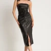 Faux Leather Strapless Drawstring Split Midi Dress>MICAS Sale