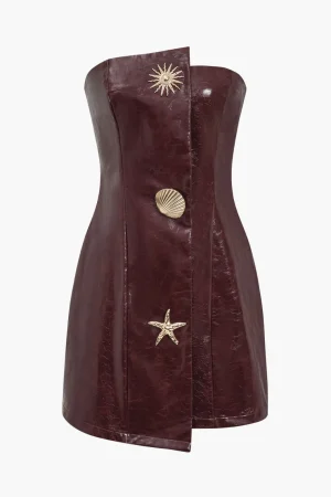 Faux Leather Strapless Mini Dress With Shell Embellishments>MICAS Clearance