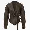 Faux Leather Tie Front Crossed Button Jacket>MICAS New