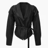 Faux Leather Tie Front Crossed Button Jacket>MICAS New