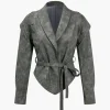 Faux Leather Tie Front Crossed Button Jacket>MICAS New