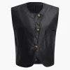 Faux Leather Vest With Pocket And Button>MICAS Hot