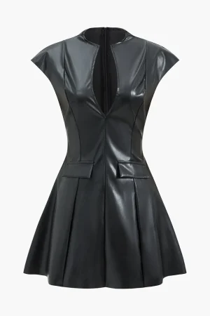 Faux Leather V-Neck Mini Dress With Fake Pockets>MICAS Discount