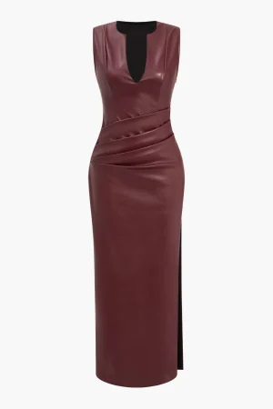 Faux Leather V-neck Ruched Maxi Dress>MICAS Fashion