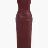 Faux Leather V-neck Ruched Maxi Dress>MICAS Fashion