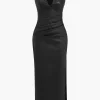 Faux Leather V-neck Ruched Maxi Dress>MICAS Fashion